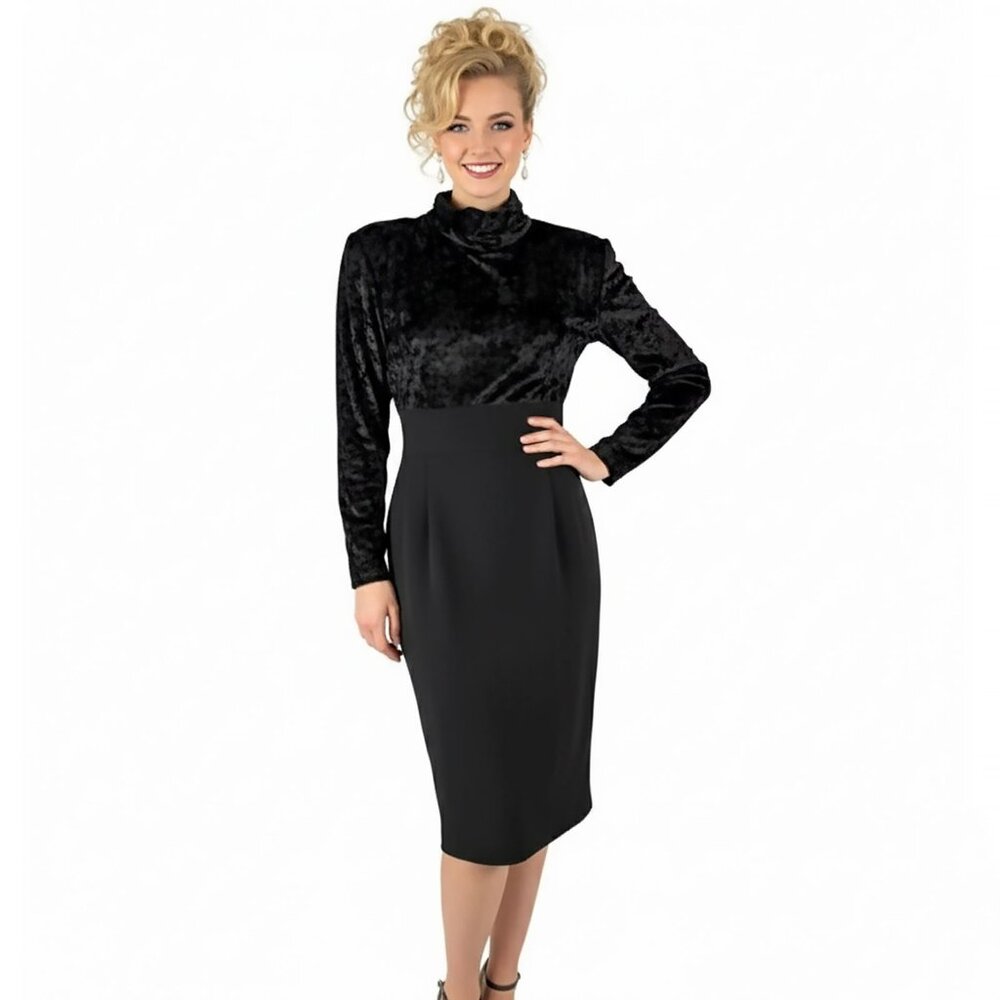 Vintage BICCI Florine Wachter Black Velvet Crepe Evening Dress Long Sleeves